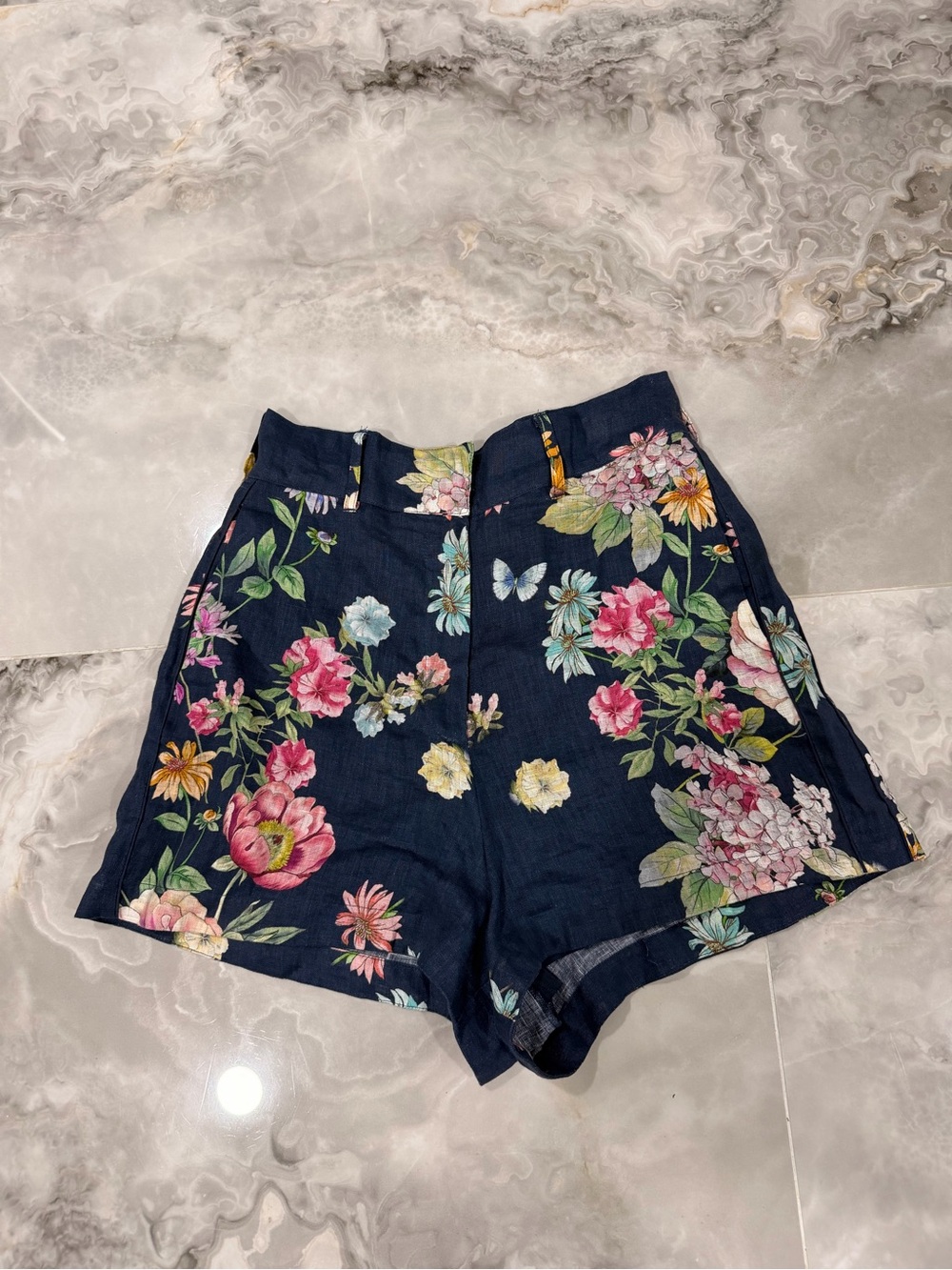 Johnny Was Floral Linen High Waist Shorts Navy Blue Size Small